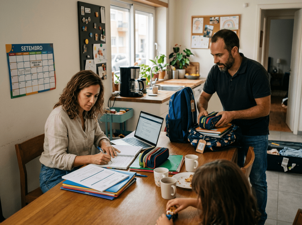 Family preparing school supplies; calendar reads “SETEMBRO” and “INÍCIO DAS AULAS.”