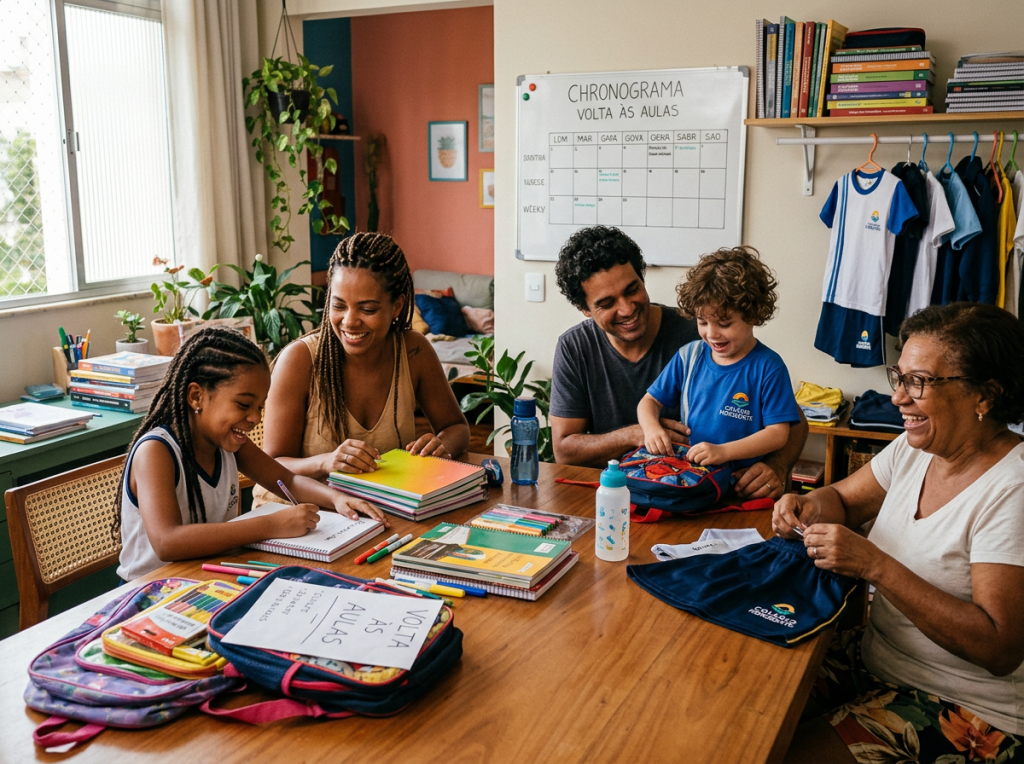 Family prepares school supplies beneath a “CHRONOGRAMA VOLTA ÀS AULAS” schedule