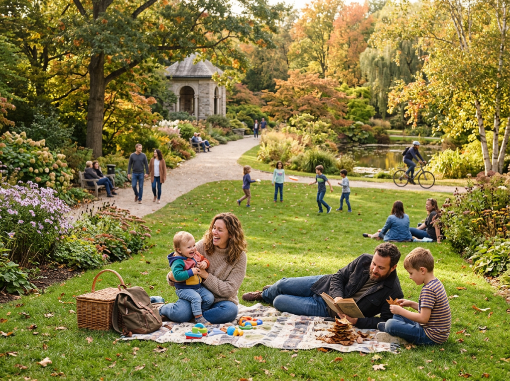 Families relaxing and playing in an autumn botanical garden