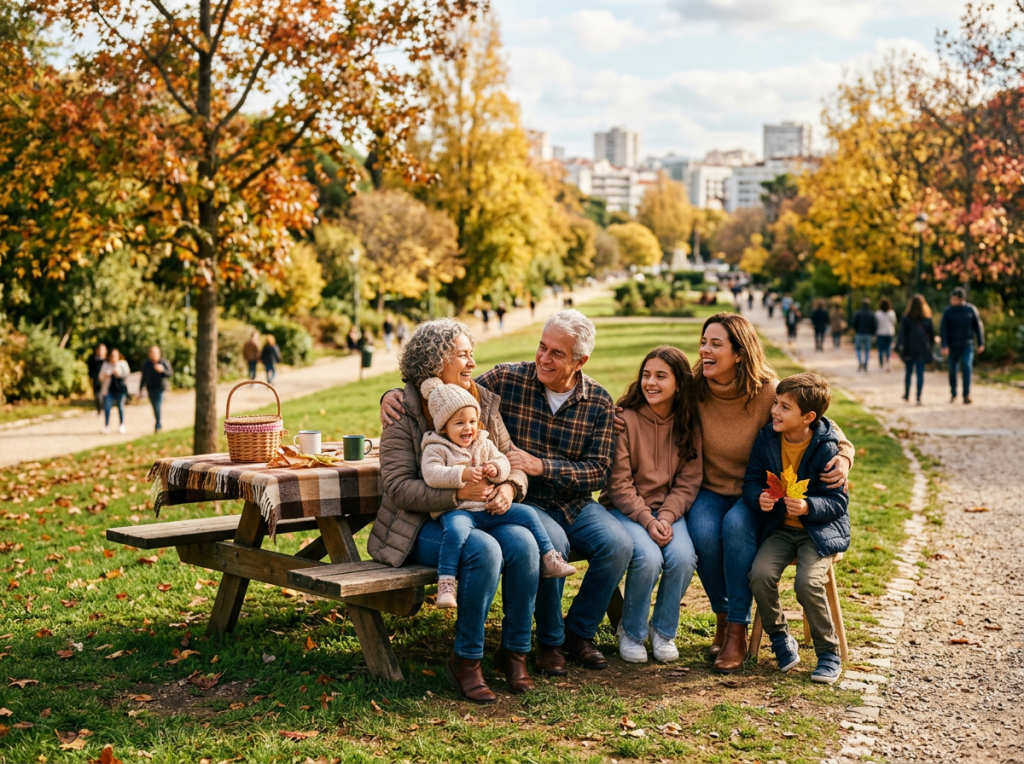 Multigenerational family gathered beside a picnic table in an autumn park