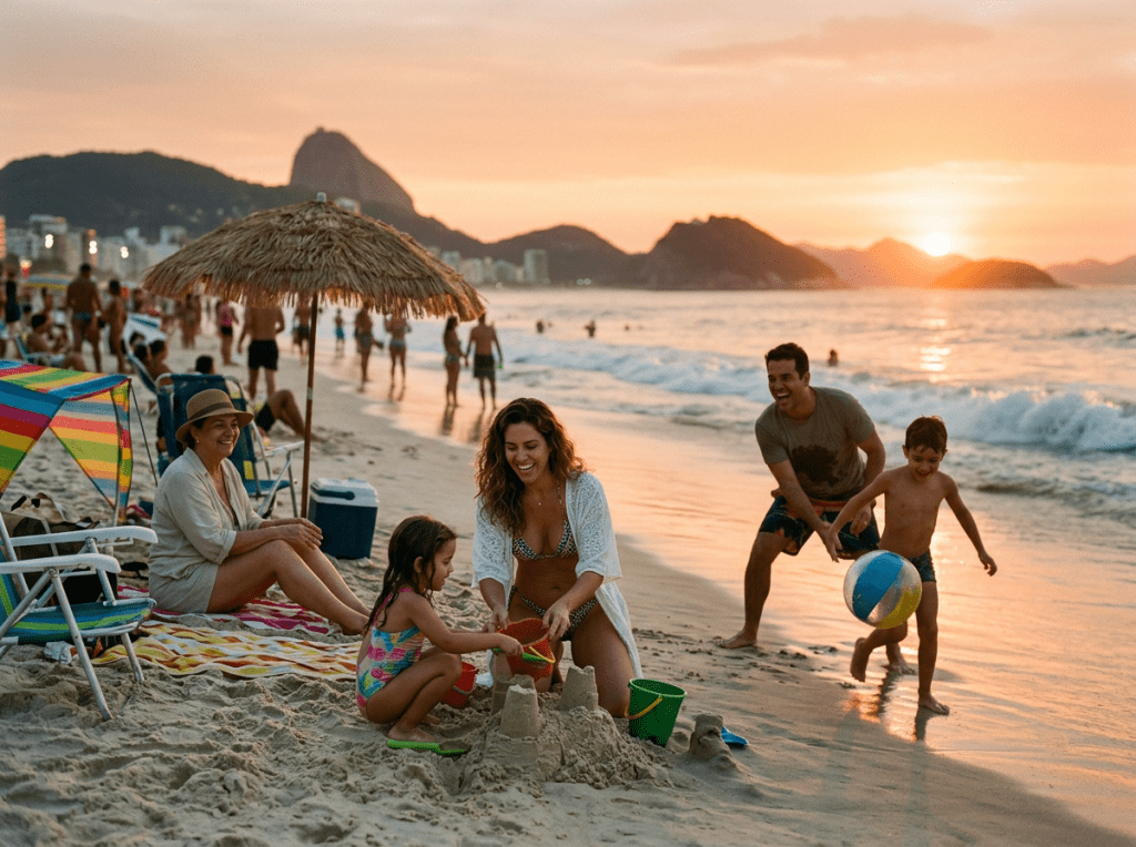 Family building sandcastles and playing by the ocean at sunset