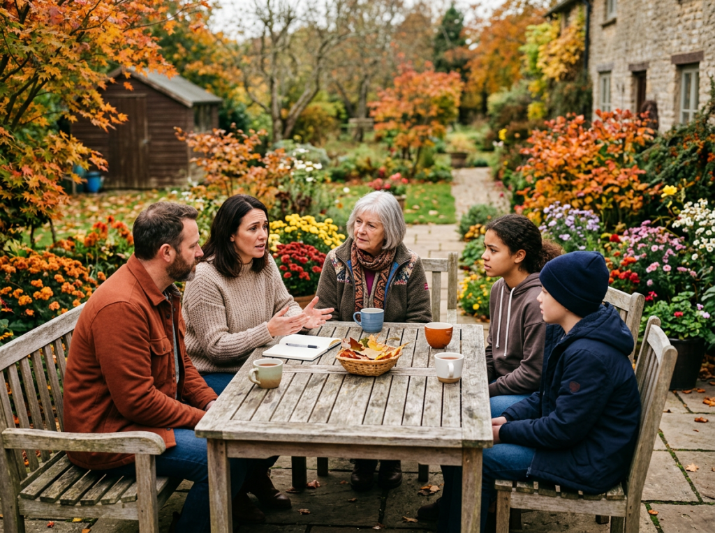 Five people sharing refreshments and conversation at a garden table