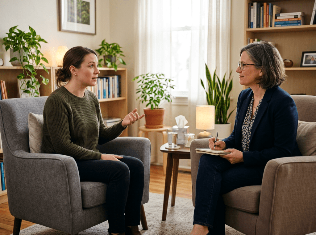 Counselor taking notes while speaking with a client in a cozy office