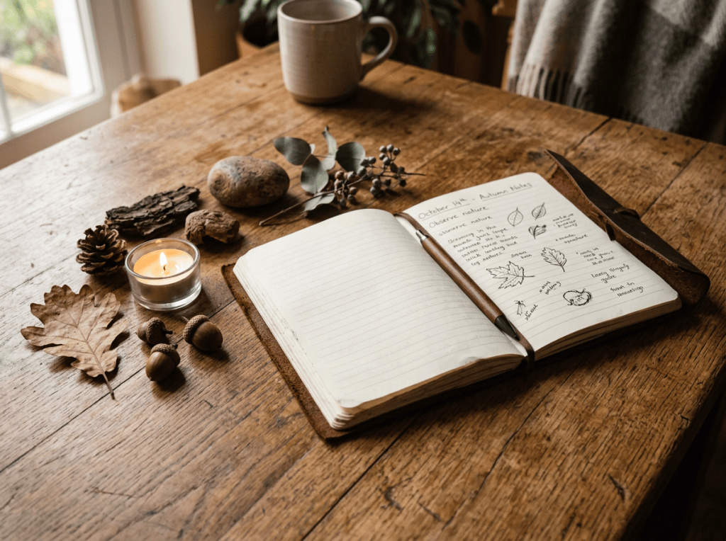 Open journal with handwritten autumn nature notes and labeled leaf sketches