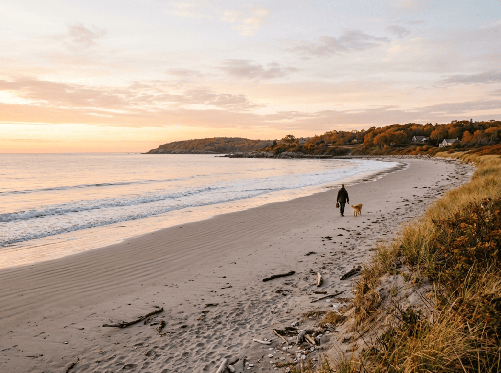 Person walking a dog along a quiet beach at sunset