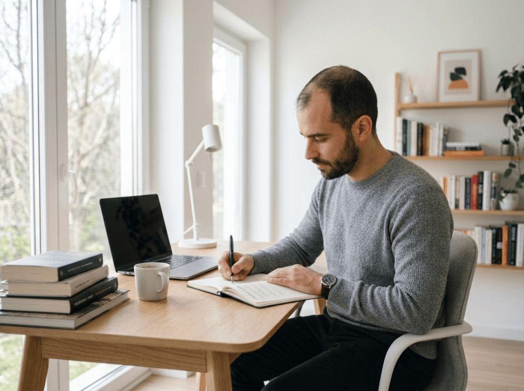Man writing in a notebook at a bright desk beside a laptop