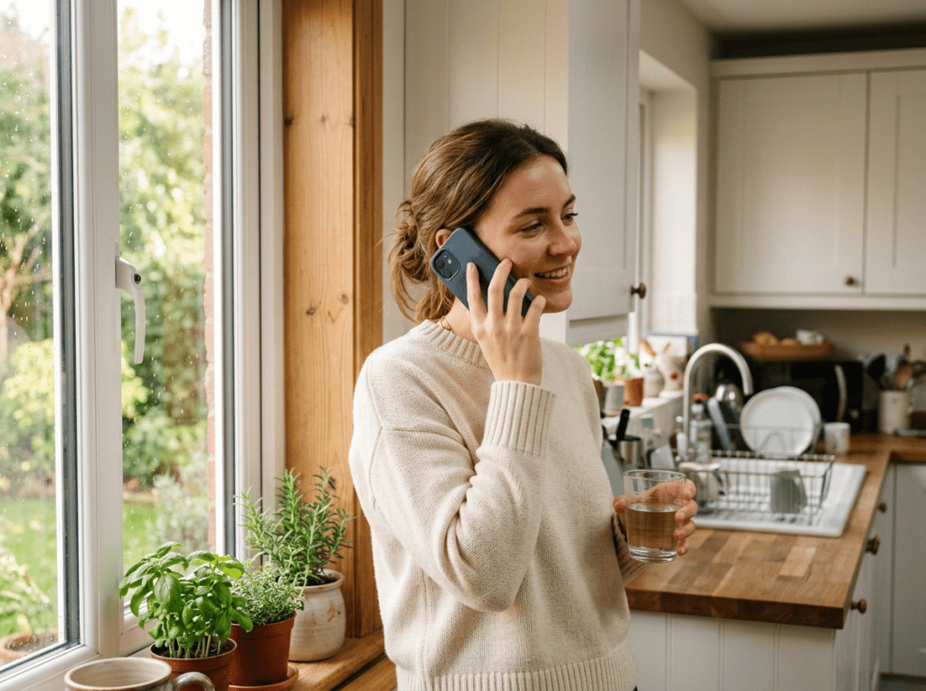 Woman talking on phone while holding a glass in a bright kitchen