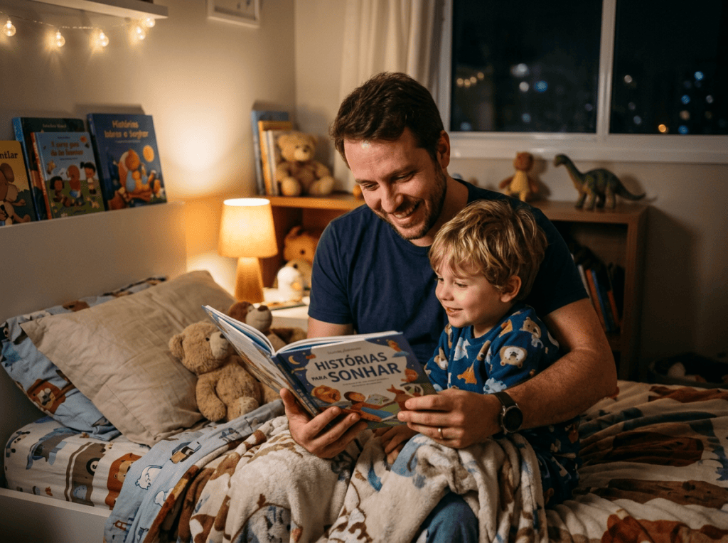 Father reading a colorful bedtime storybook with his child in bed