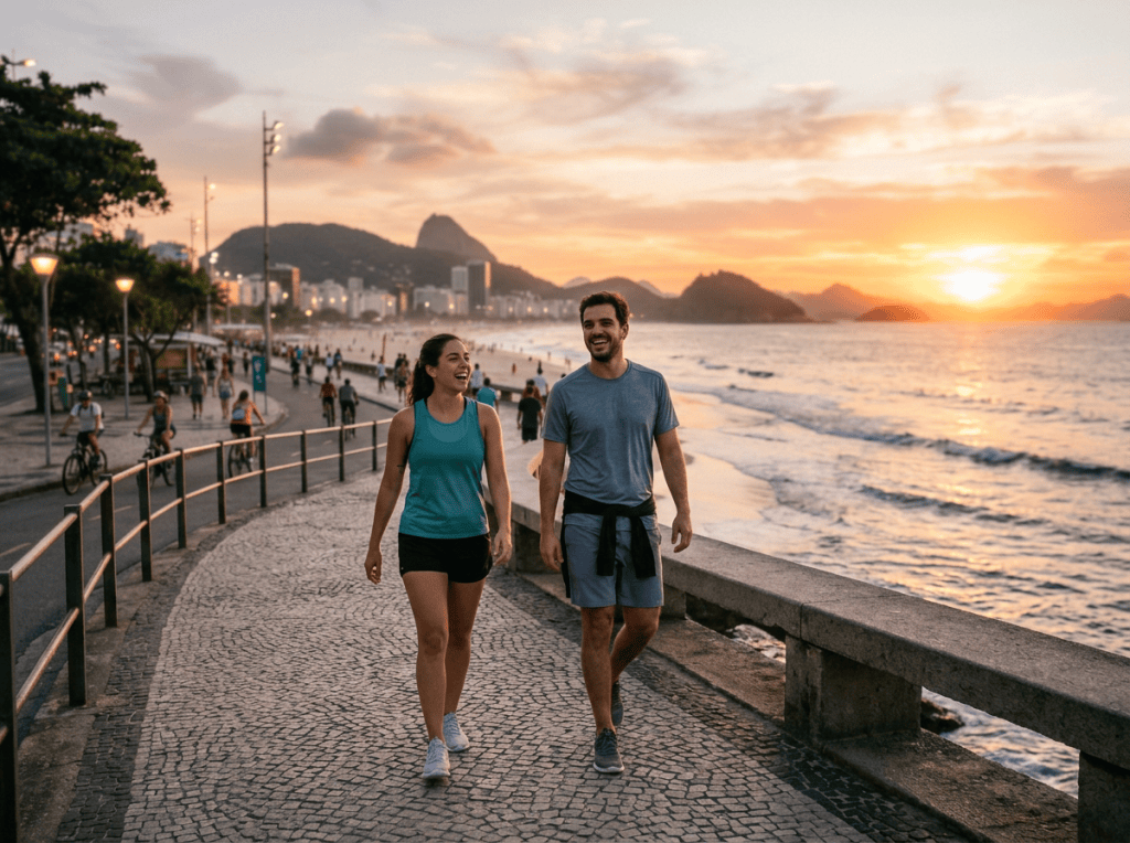 People walking and cycling along Rio de Janeiro’s beach promenade at sunset