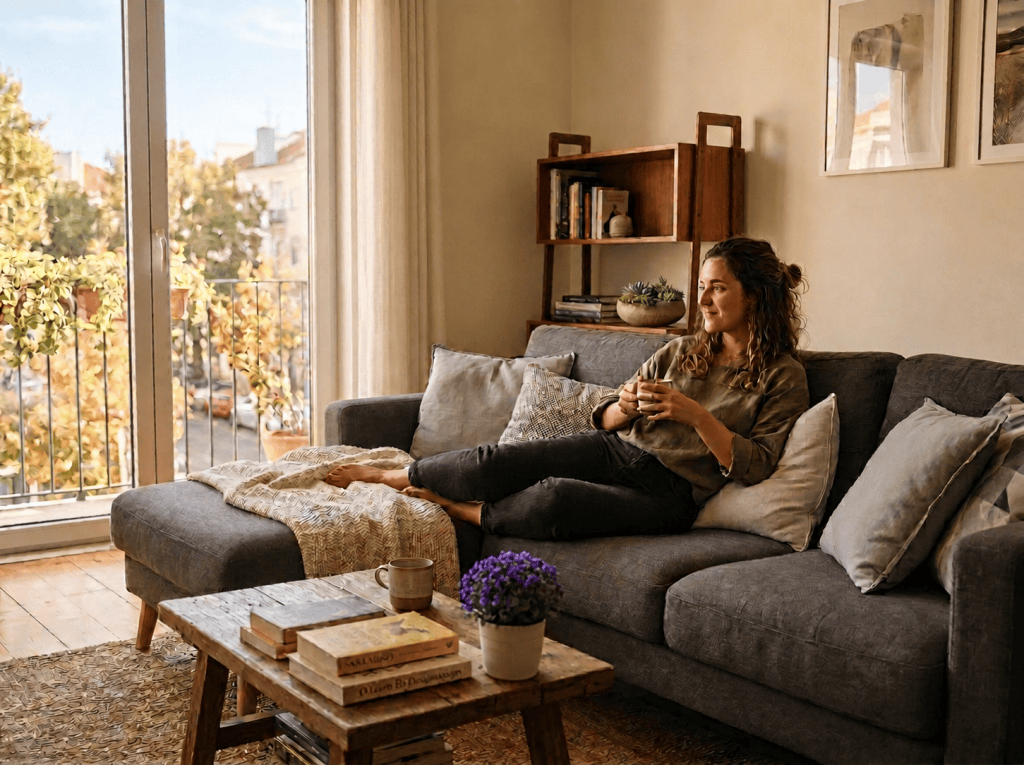 Woman relaxing with coffee on a sofa in a sunlit living room