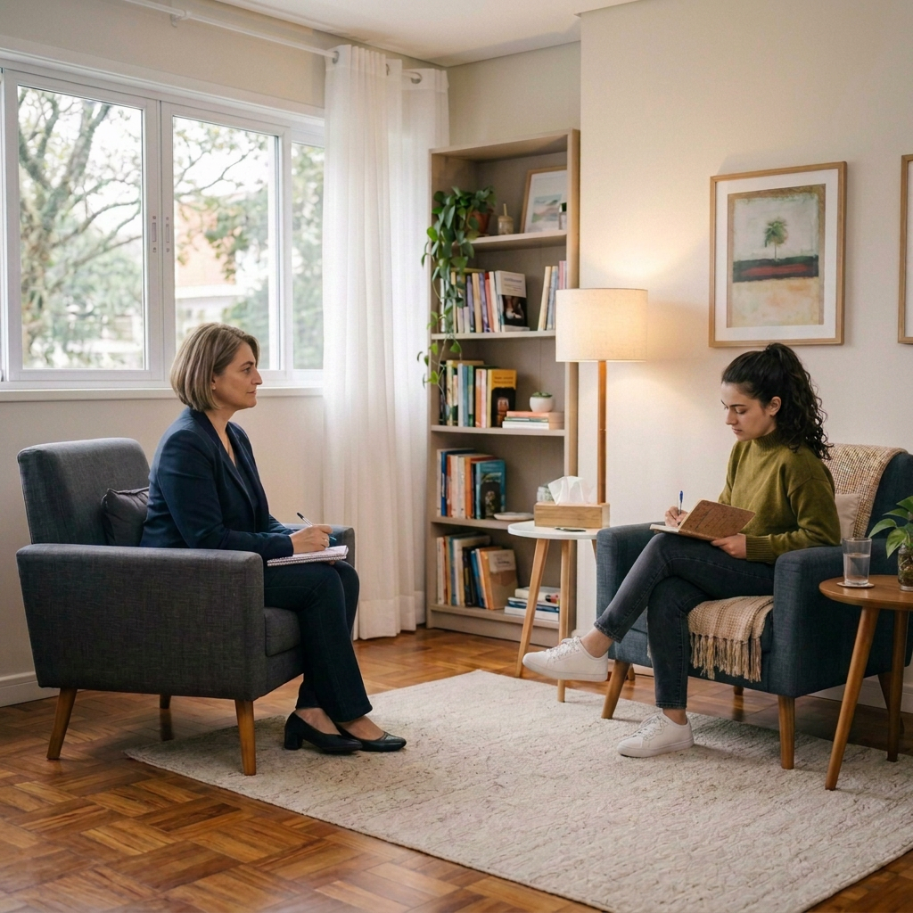 Counselor speaking with young woman writing in a journal