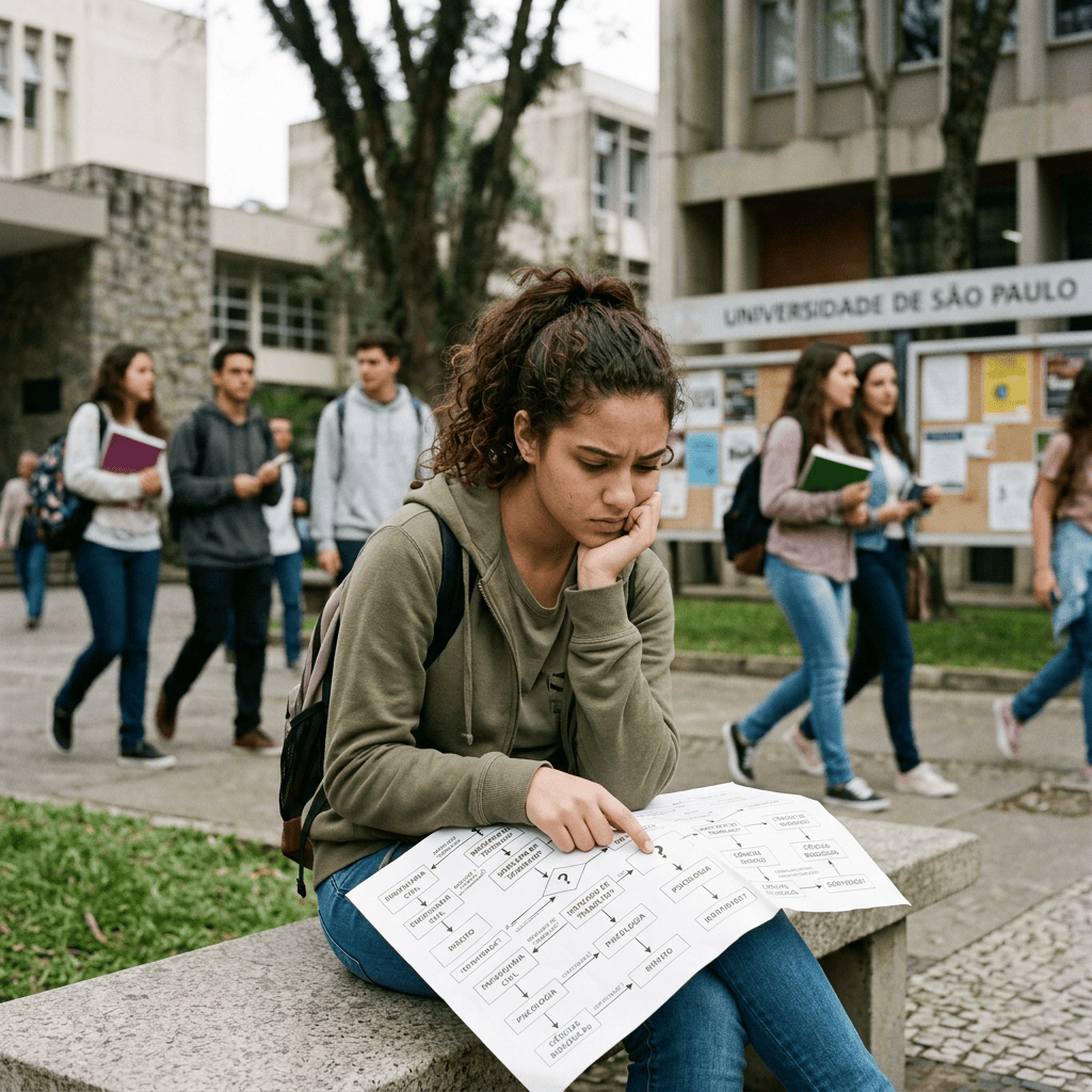 Student studying a campus map outside Universidade de São Paulo