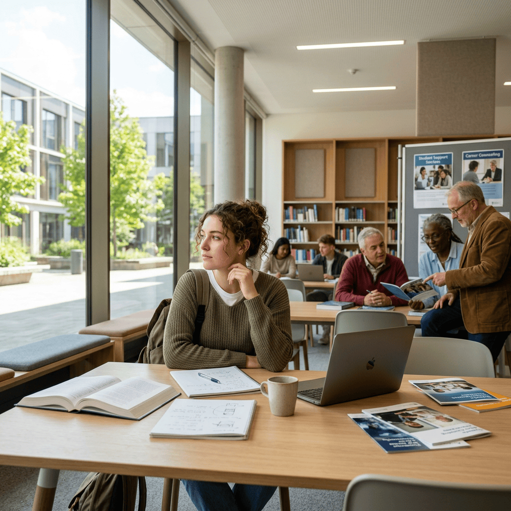 Student studying with laptop and books in a university library