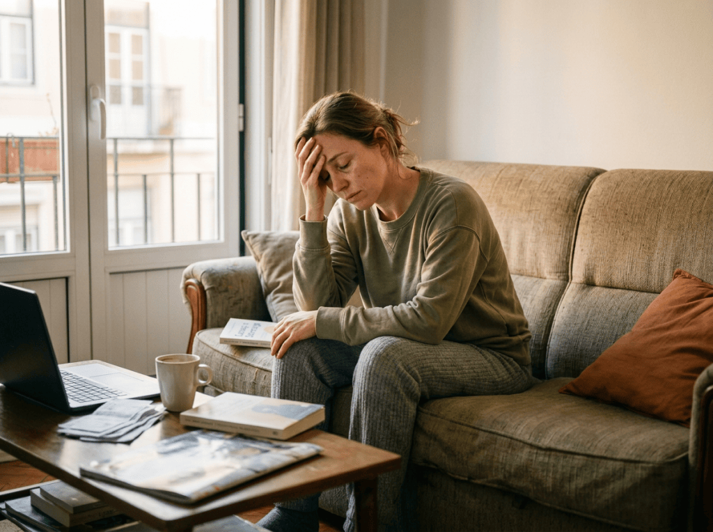 Woman sitting pensively on a sofa beside a laptop, with Portuguese text: “cansaço emocional” não corresponde, por si só, a um diagnóstico clínico específico, É uma expressão que pode ser utilizada para descrever uma sensação de desgaste psicológico associada a períodos prolongados de exigência, preocupação ou sobrecarga. O mais relevante é perceber como essa sensação se manifesta, durante quanto tempo se mantém e de que forma interfere com o funcionamento habitual.