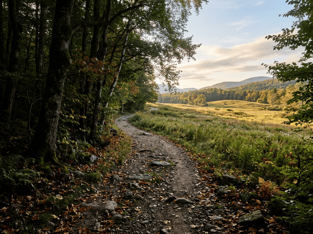 Rocky forest trail leading into a sunlit meadow and wooded hills