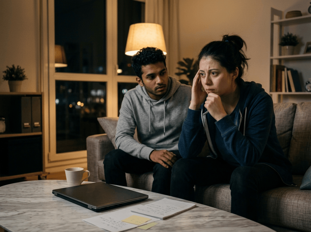 Worried woman sitting beside bills, cash, and laptop at night