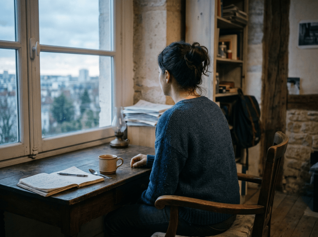 Woman seated at desk with coffee and notebook beside city-view window