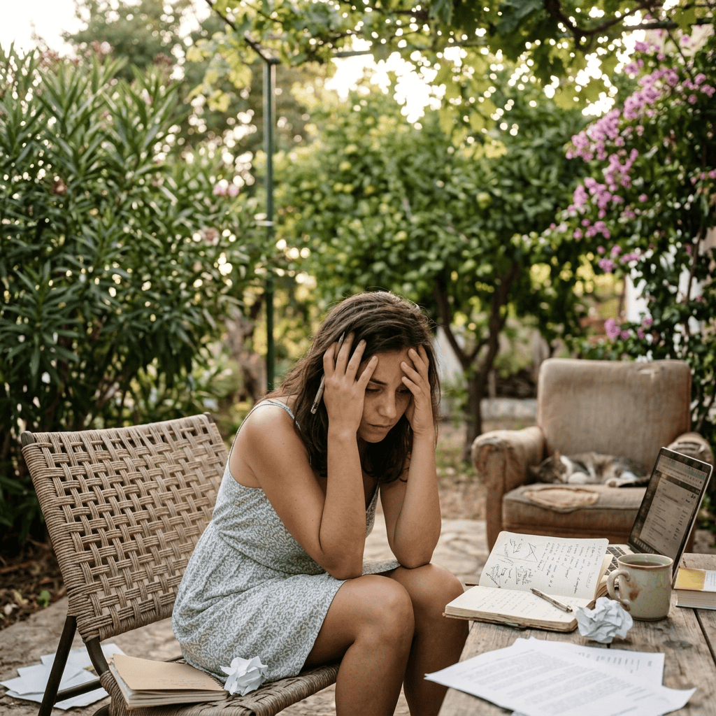 Woman writing in a journal beside coffee in a lush garden