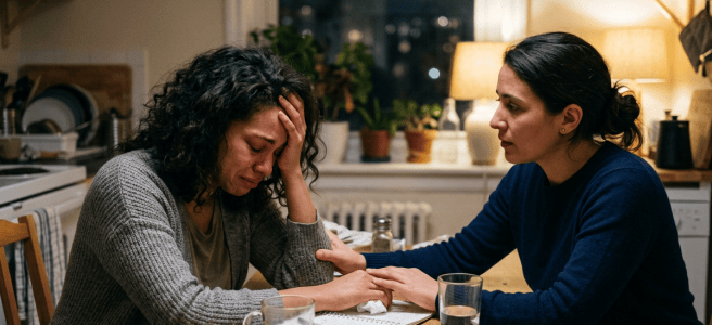 Woman comforting a distressed friend at a kitchen table