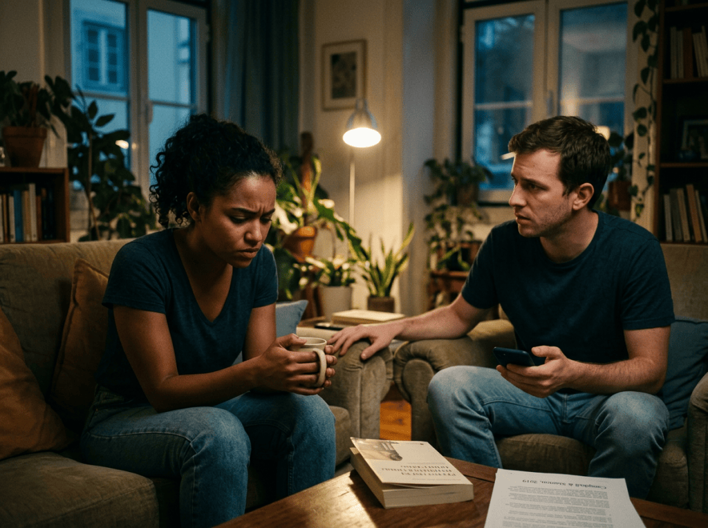 Two people having a serious conversation in a warmly lit living room