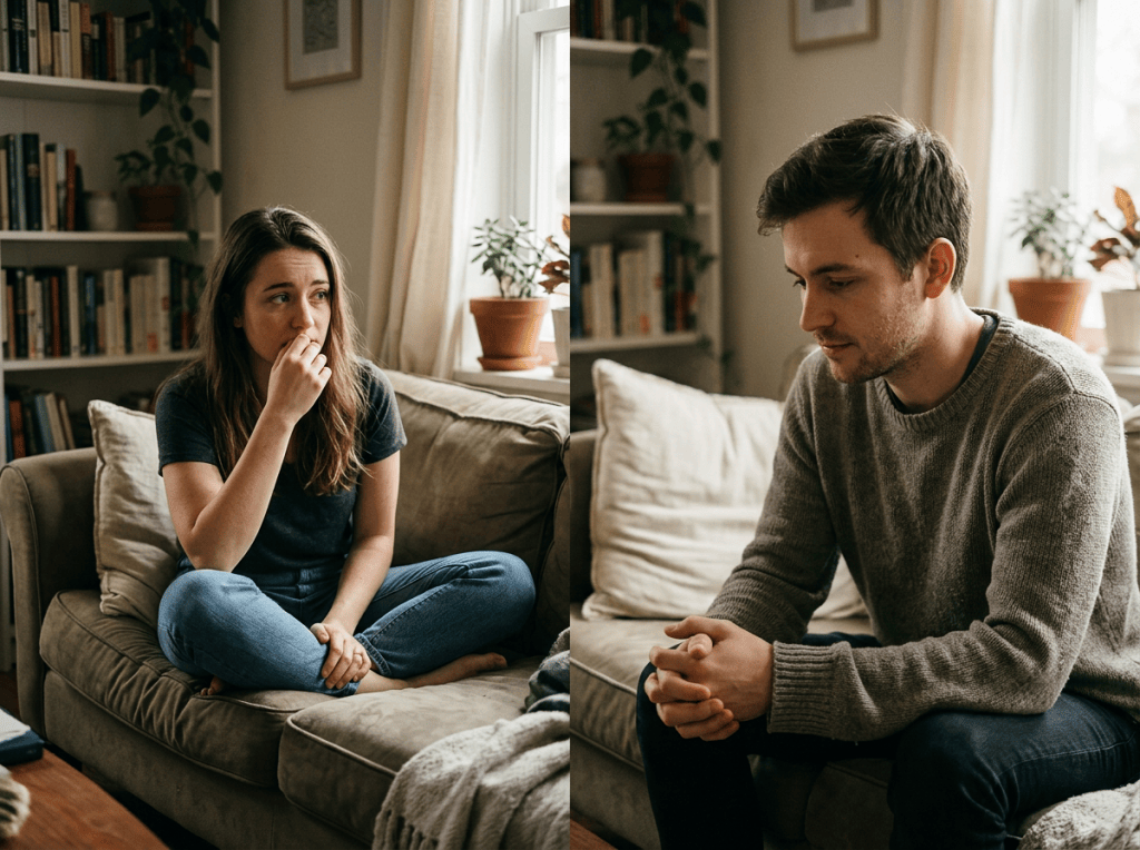 Woman and man sitting apart on a sofa in a warmly lit living room
