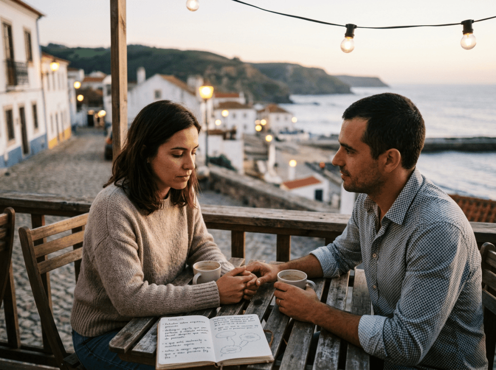 Couple holding hands over coffee beside an open notebook overlooking the sea