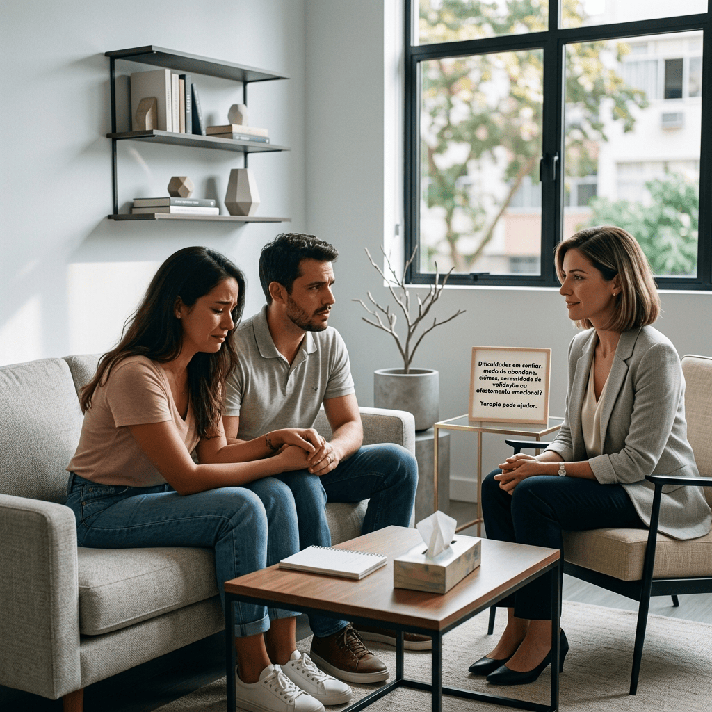 Couple speaking with therapist; sign reads, "Dificuldades em confiar, medo de abandonar, ciúmes, necessidade de validação ou afastamento emocional? Terapia pode ajudar."