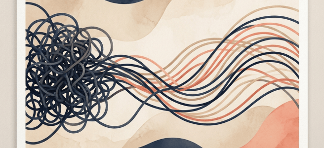 Abstract artwork with tangled dark lines flowing into colorful waves