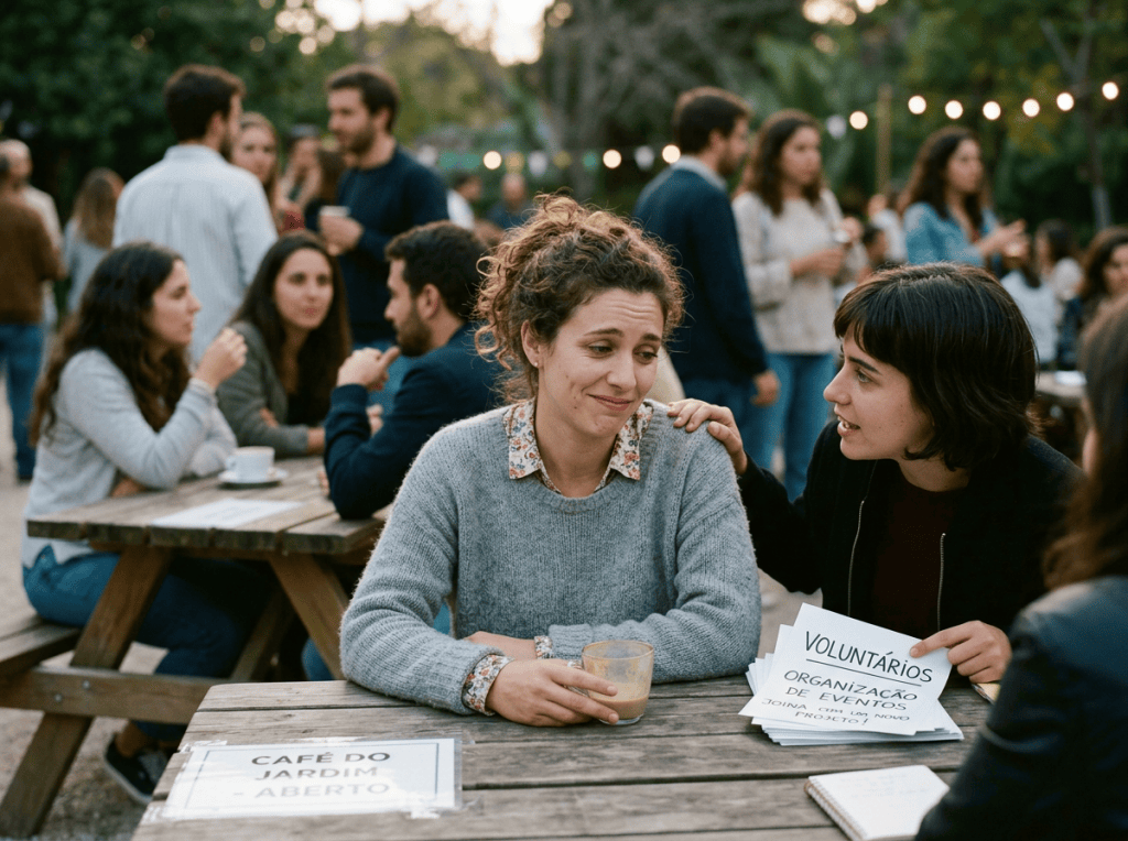 Duas mulheres em mesa de café com folhetos "VOLUNTÁRIOS ORGANIZAÇÃO DE EVENTOS JUNTA-SE A NÓS PROJETO?" e placa "CAFÉ DO JARDIM - ABERTO"