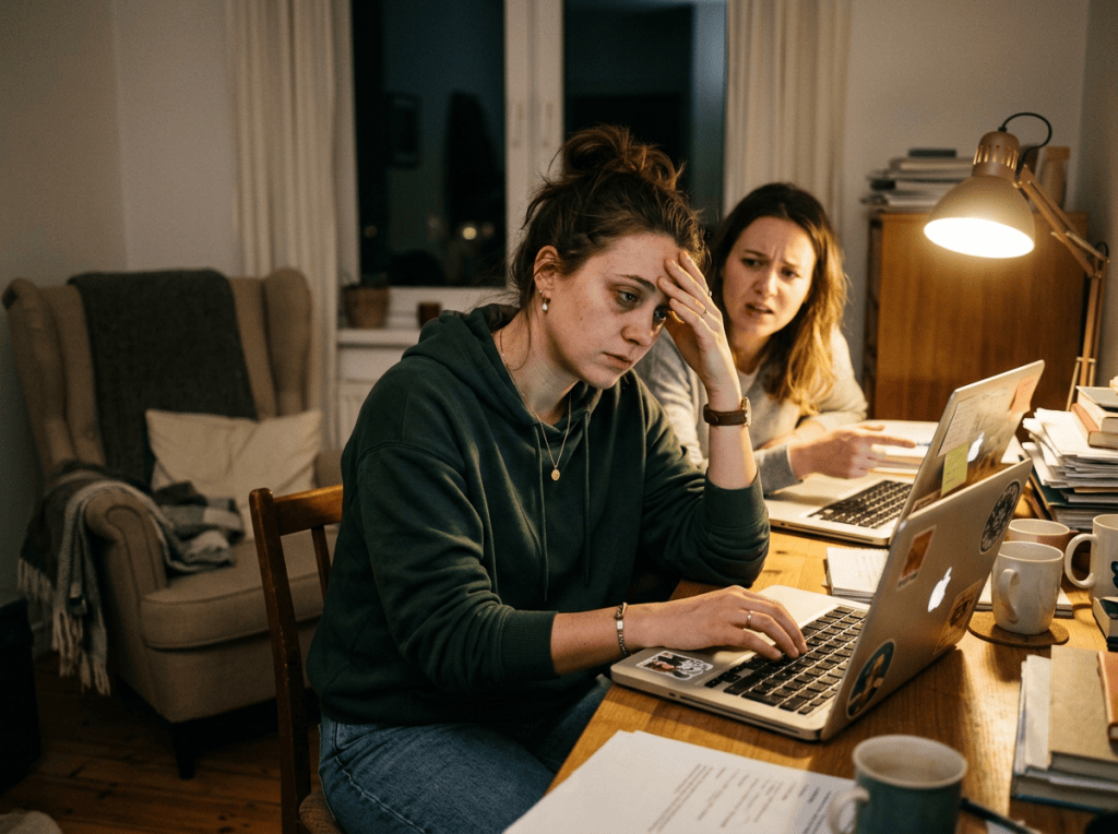 Two women studying together at a table with laptops and books