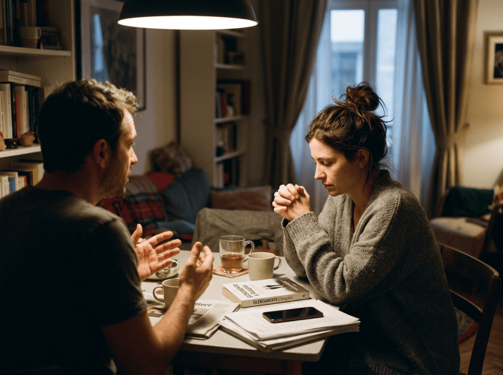 Two people having a serious conversation over coffee at a table