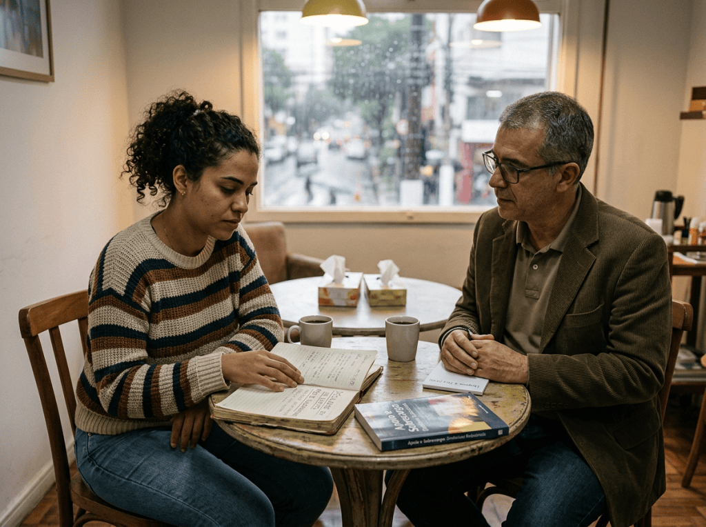 Two people reviewing handwritten notes and a textbook at a café table
