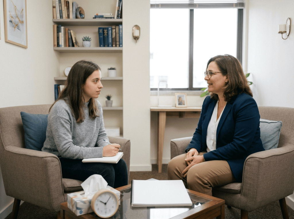 Therapist and client discuss CBT; whiteboard reads “CBT p/ Assertividade,” “Hagberg et al. (2023): Resultados Favoráveis”; notebook reads “Crenças,” “Assertividade: comunicar limites de forma clara/respeitosa.”