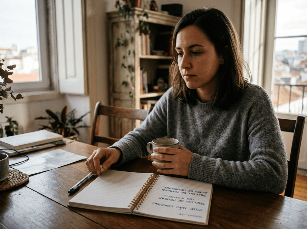 Woman holding coffee beside an open notebook with Portuguese text