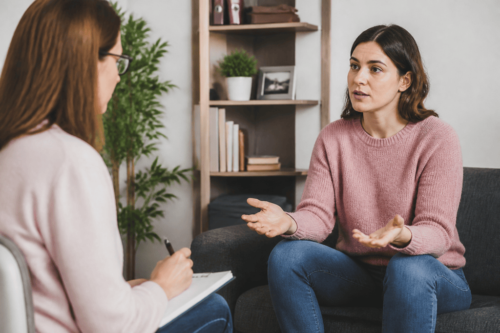 Therapist taking notes while client speaks during a counseling session