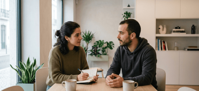 Couple discussing plans with notes and coffee in a living room