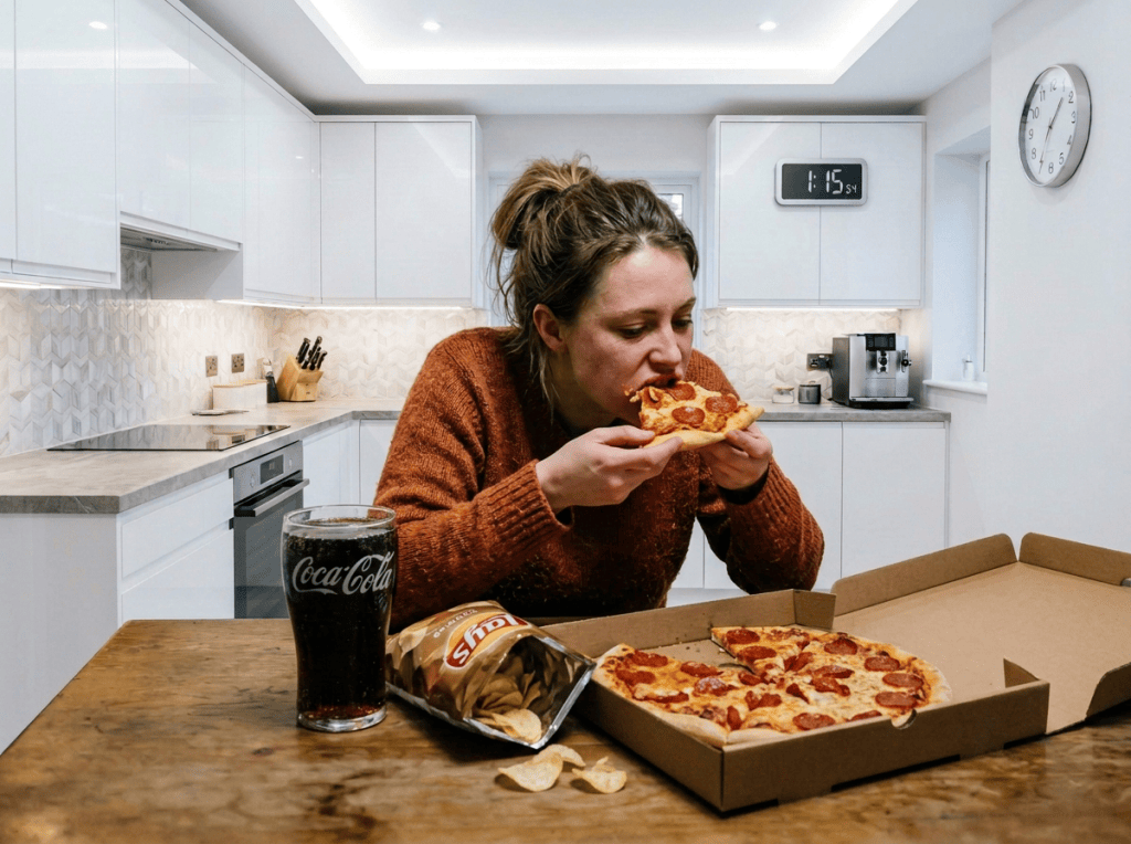 Woman eating takeaway food at a kitchen table