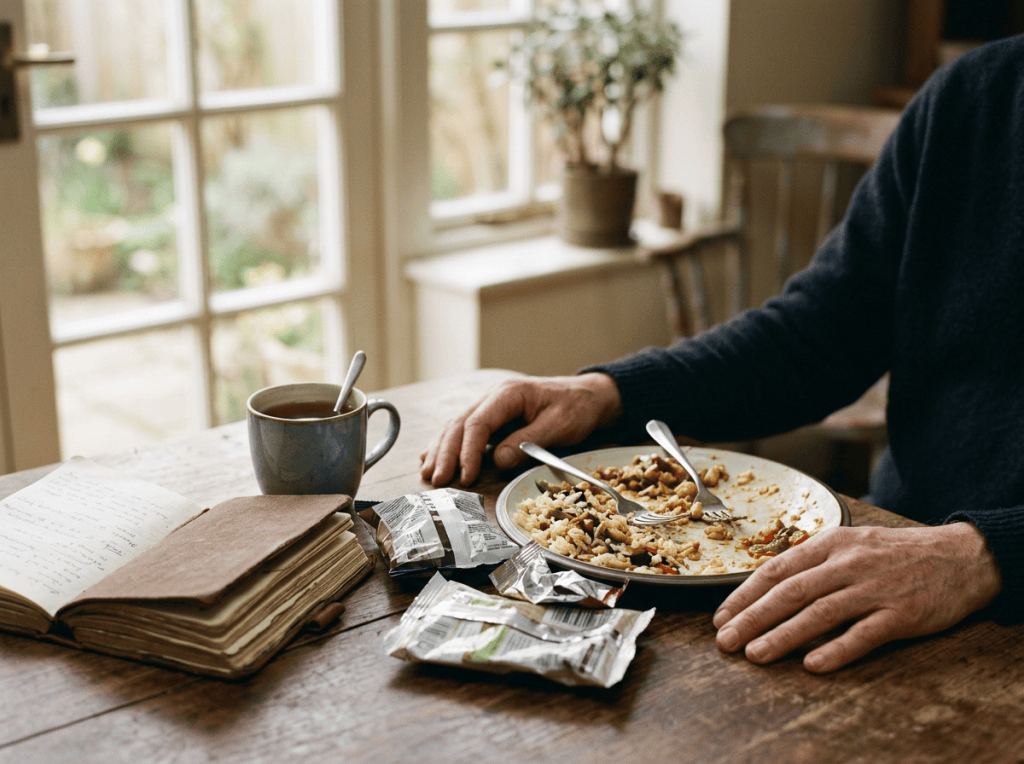 Person seated at table with tea, journal, and half-finished breakfast