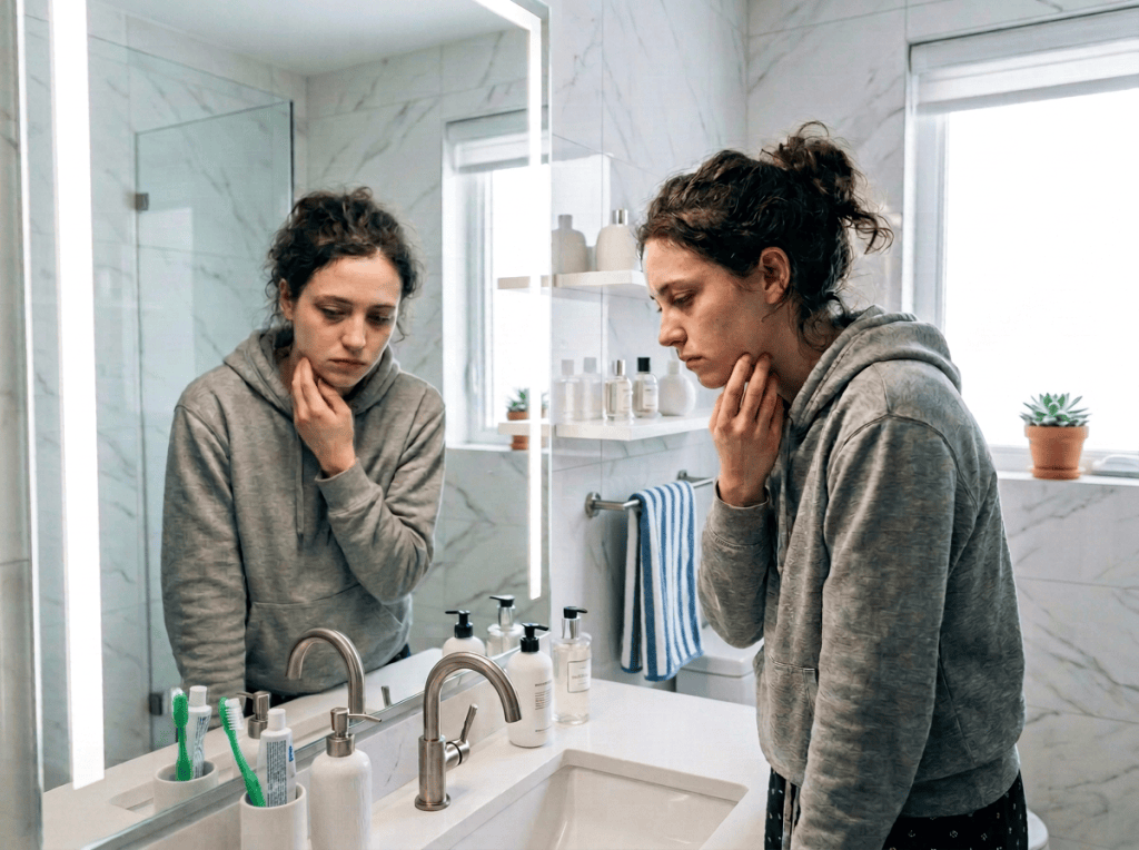Woman in gray hoodie examining her neck in a bathroom mirror