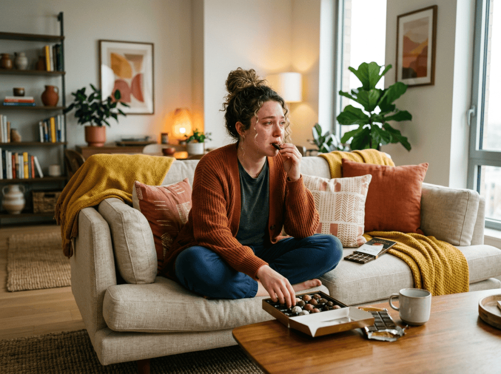 Woman eating chocolate on a sofa beside an open box of chocolates