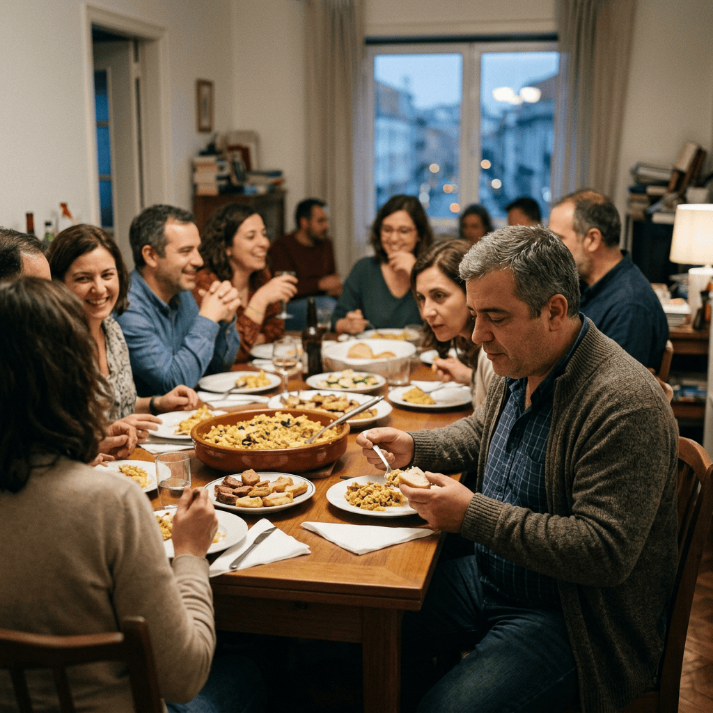Group of adults sharing a meal around a dining table