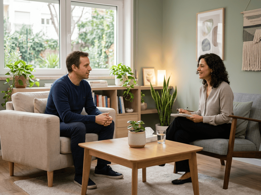 Two people converse in a bright office while one takes notes