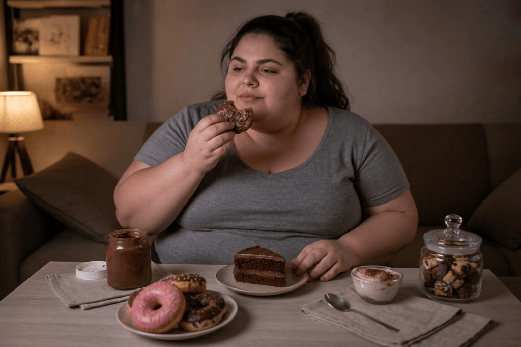 Person eating a chocolate-covered pastry beside a jar of chocolate spread and desserts