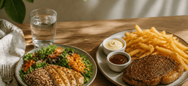 Healthy grain bowl beside a burger and fries in a takeout box